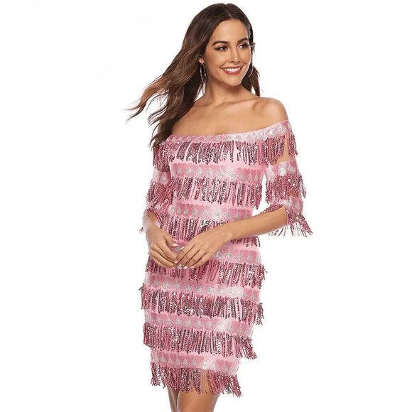 💗✨ 6PCS 1920s Great Gatsby Flapper Pink Sequin Dress & Accessories Set XL NEW - Picture 3 of 16